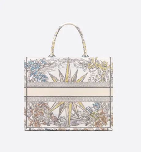 LARGE DIOR BOOK TOTE White Multicolor Rve d-Infini Embroidery (42 x 35 x 18.5 cm)