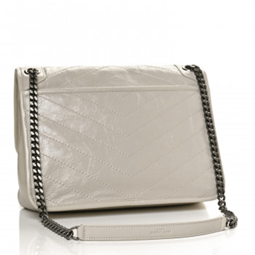 SAINT LAURENT Crinkled Calfskin Matelasse Monogram Medium Niki Chain Satchel white