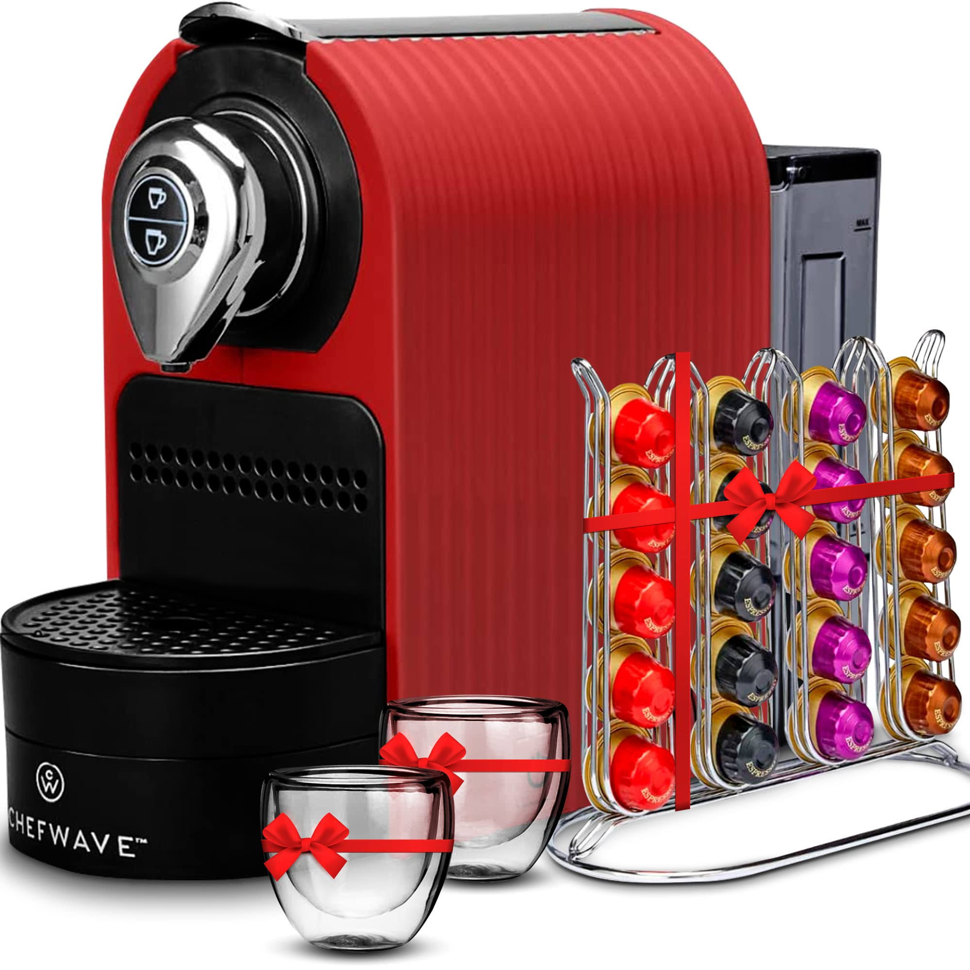 ChefWave Espresso Machine for Nespresso Compatible Capsule, Holder, Cups (Red)
