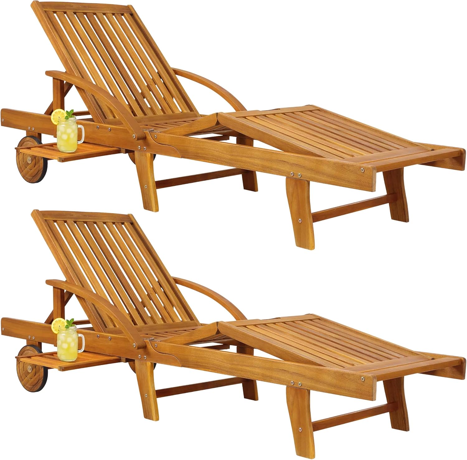 Chaises longues jardin Tami Sun bois acacia pliantes roues type transat bain de soleil