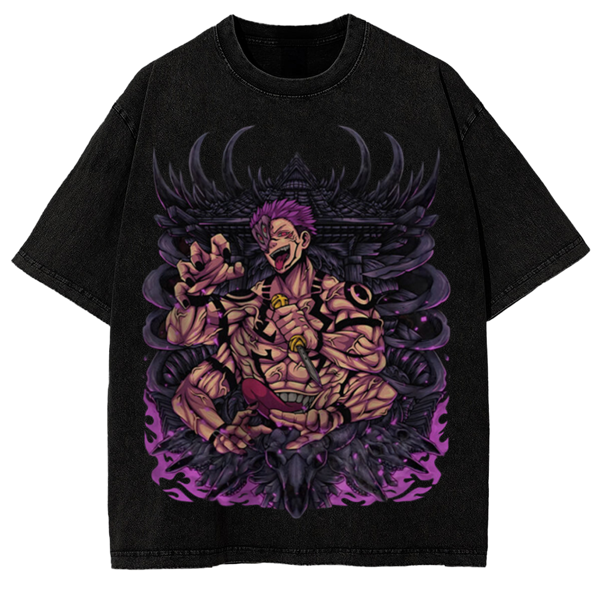 Retro Anime Graphic Tee Jujutsu Kaisen Distressed Oversized Tee Ryomen Sukuna Washed T Shirt