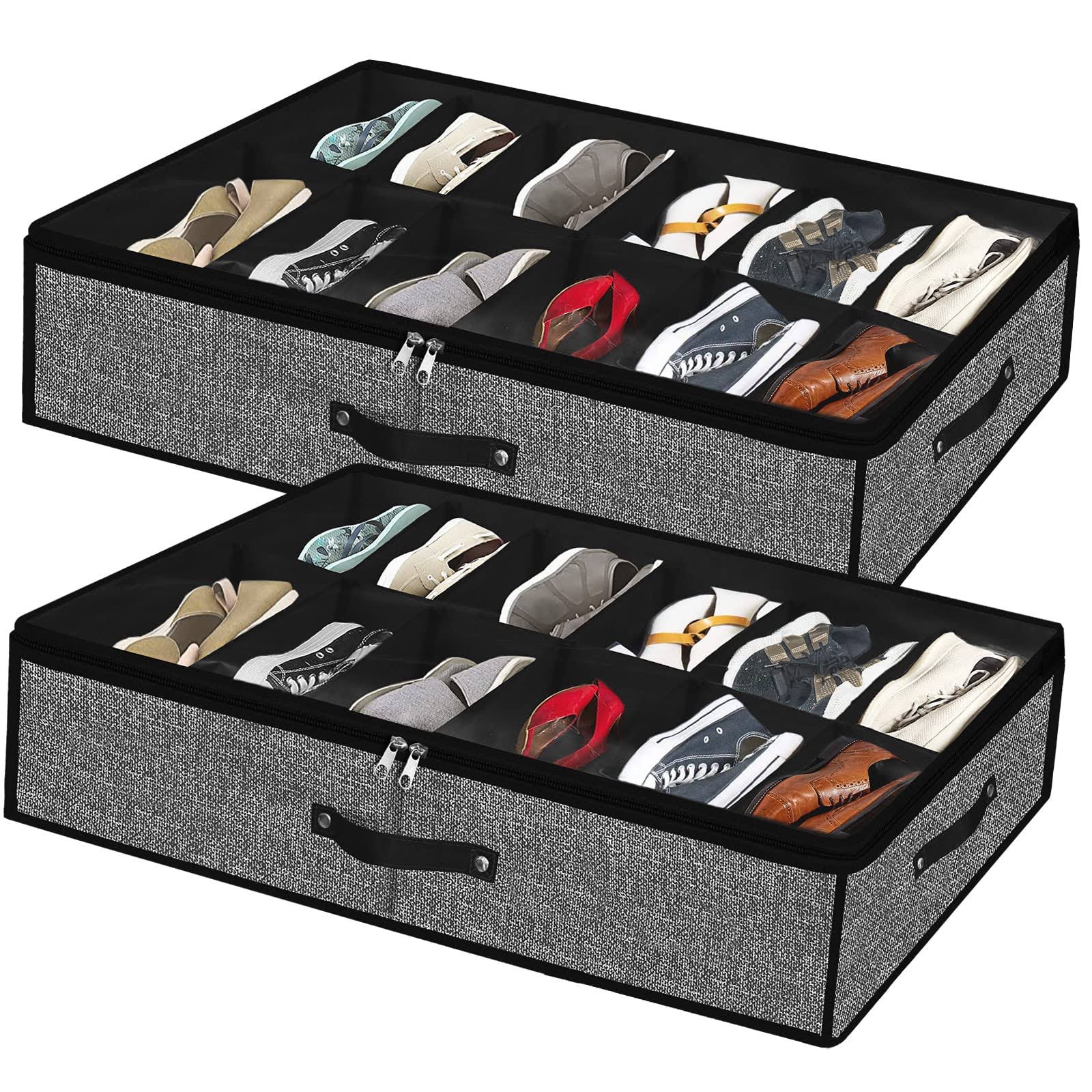 Meerainy Under Bed Shoe Storage Organizer for Closet 2 Pack- Fits 24 Pairs Underbed Shoes Container Boxes with 2 Sturdy Handles and Clear Window
