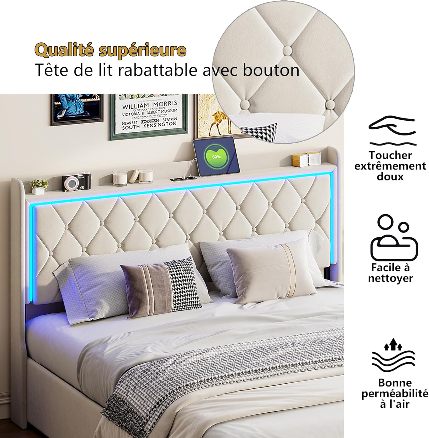 Lit coffre 160x200 cm LED USB tête de lit rangement velours