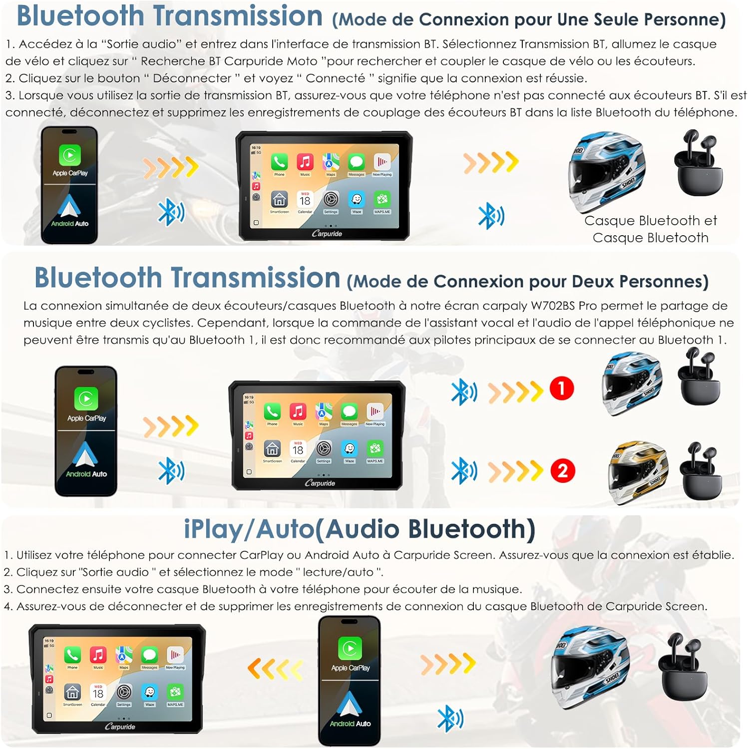 Écran moto CarPlay W702BS Pro 7 pouces étanche tactile double Bluetooth interphone données lecture