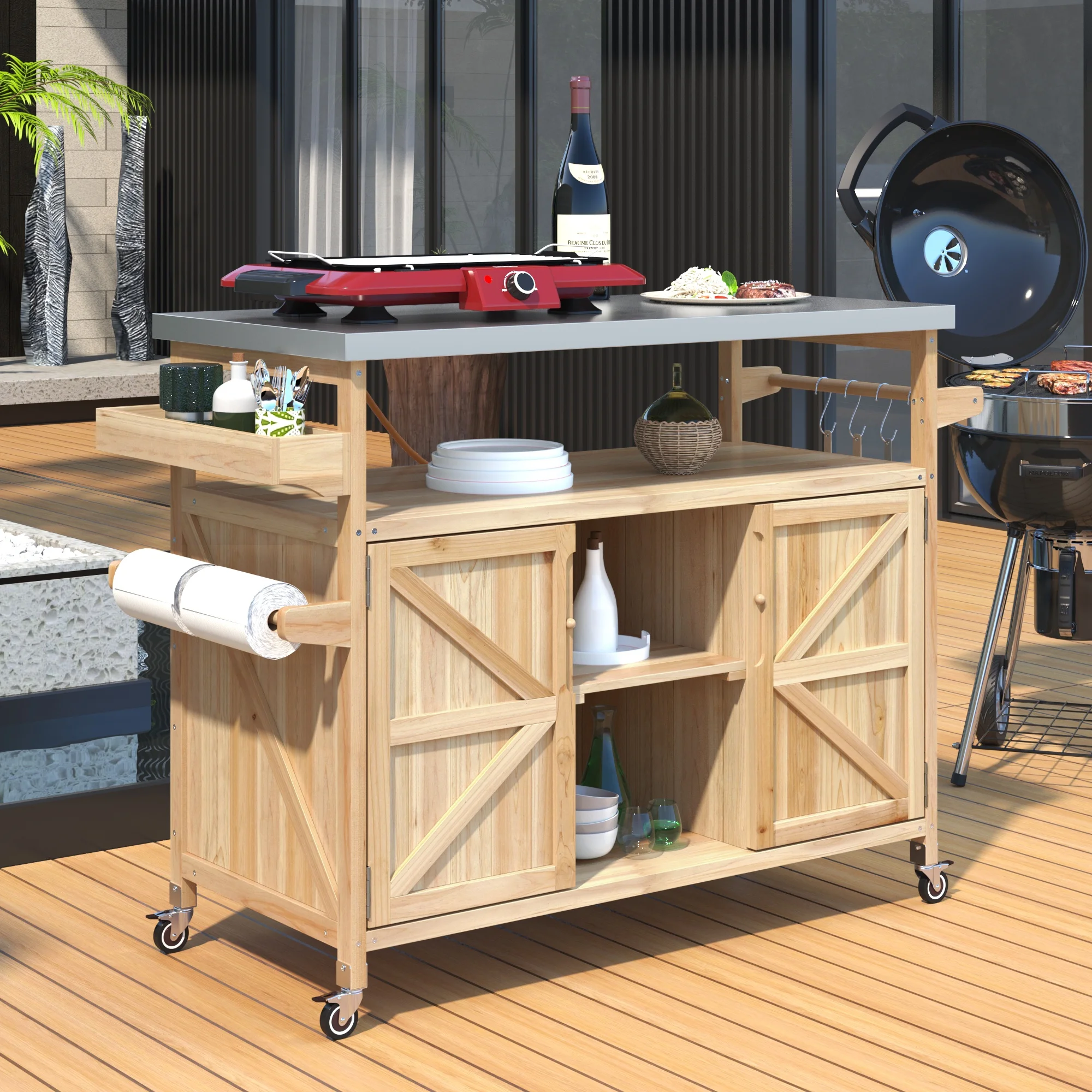 Bellemave Outdoor Serving Cart Kitchen Island Solid Wood Mobile Rolling Bar Cart with Lockable Wheels, Rack and Stainless Steel Top Beverage Storage Counter Table with Cabinet for Patio, Natural