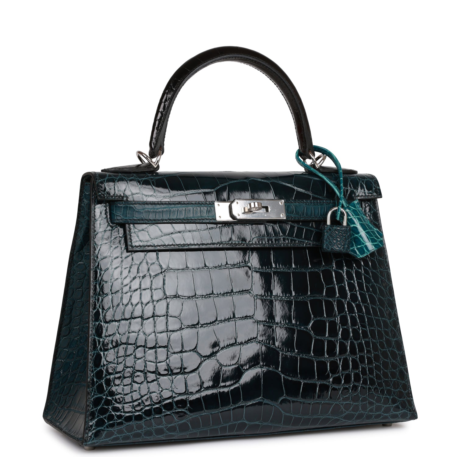 Hermes Kelly Sellier 28 Tri-color Black. Vert Rousseau and Vert Bosphore Shiny and Matte Alligator Palladium Hardware