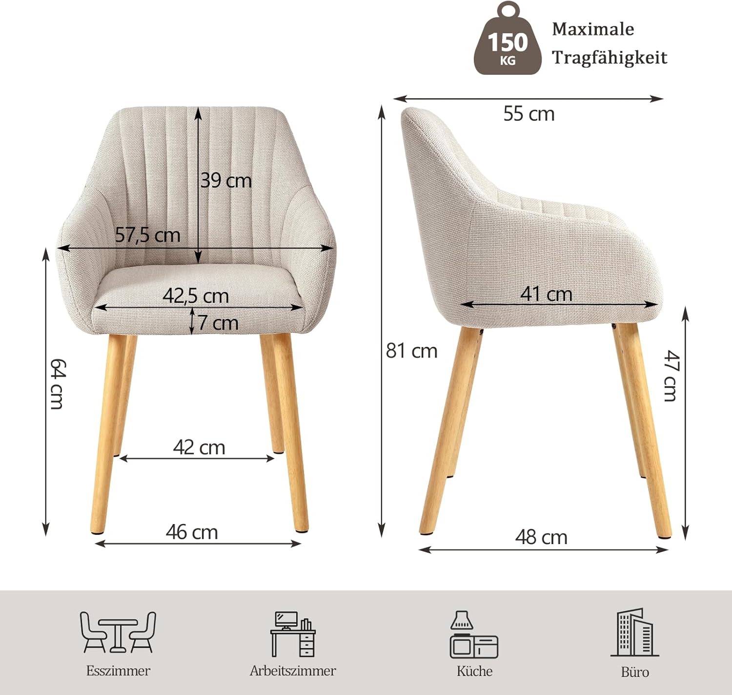 Chaises salle à manger lot de 6 avec accoudoirs rembourrées pieds bois