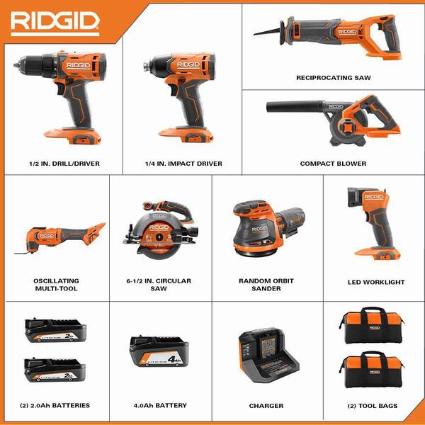 18V Cordless 8-Tool Combo Kit with (3) Batteries. Charger. and Bag with 18V High Torque Impact Wrench