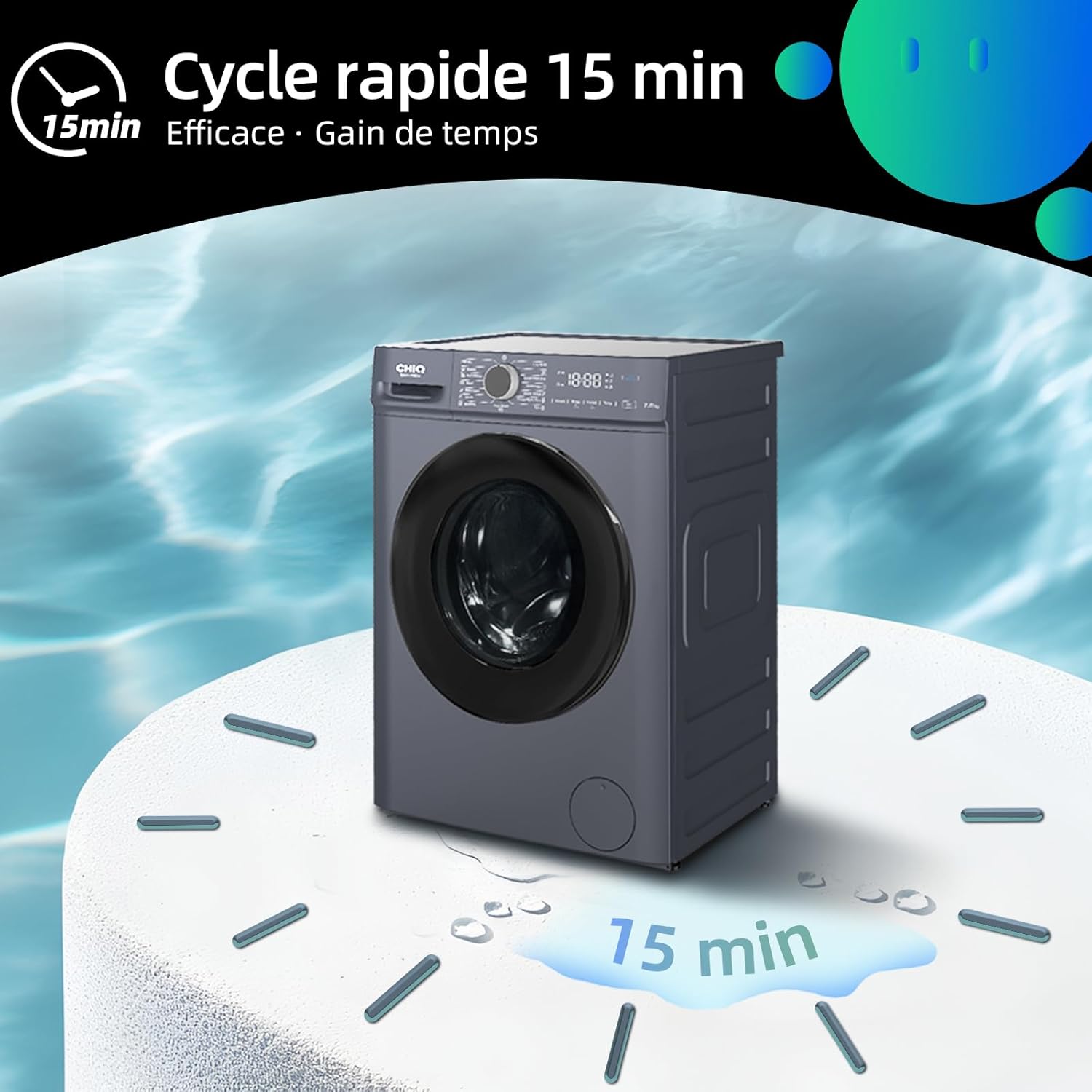 Lave linge hublot 7 kg classe A moteur 1200 rpm lavage vapeur rapide 15 programmes gris