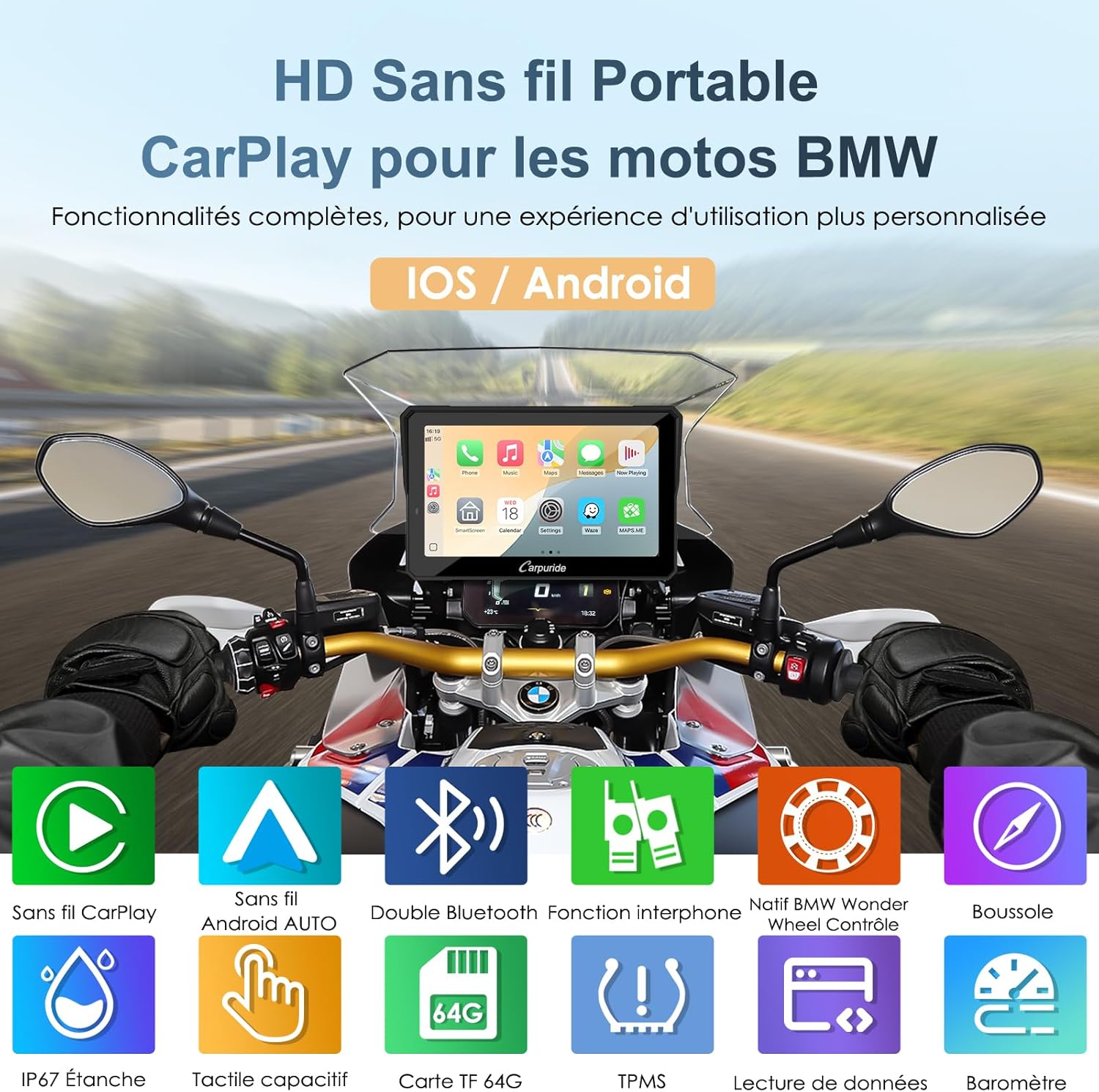 Écran moto CarPlay W702BS Pro 7 pouces étanche tactile double Bluetooth interphone données lecture
