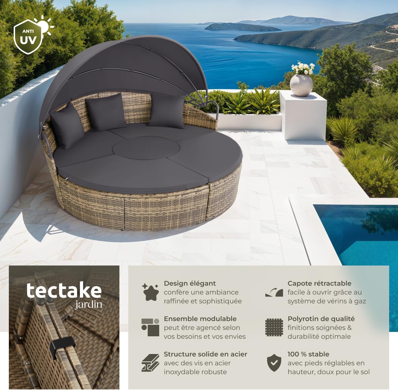 Bain de soleil modulable résine tressée pare soleil pliable coussins inclus