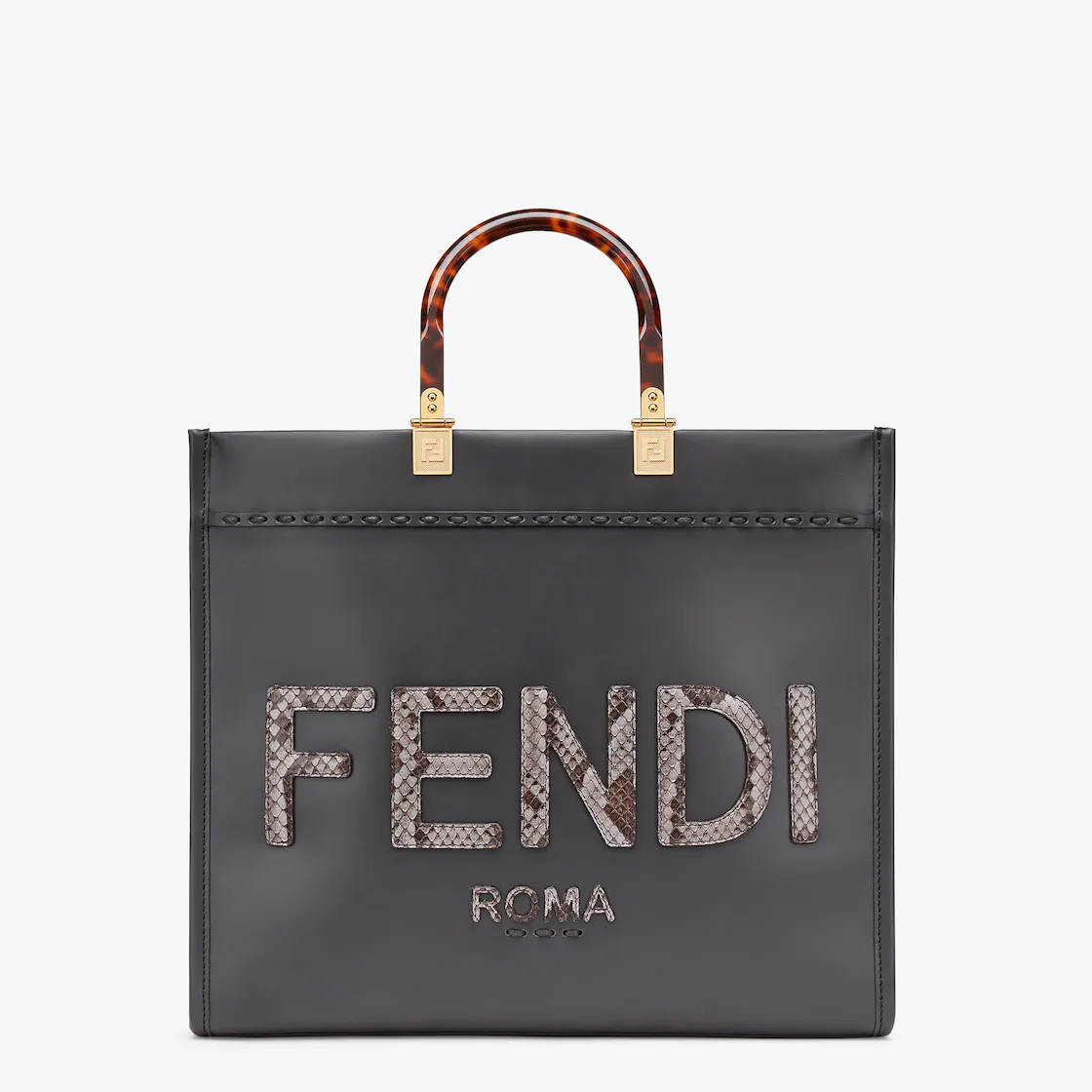 Fendi Medium Sunshine Shopping Tote Bag  Light brown leather and brocade snakeskin handbag-black