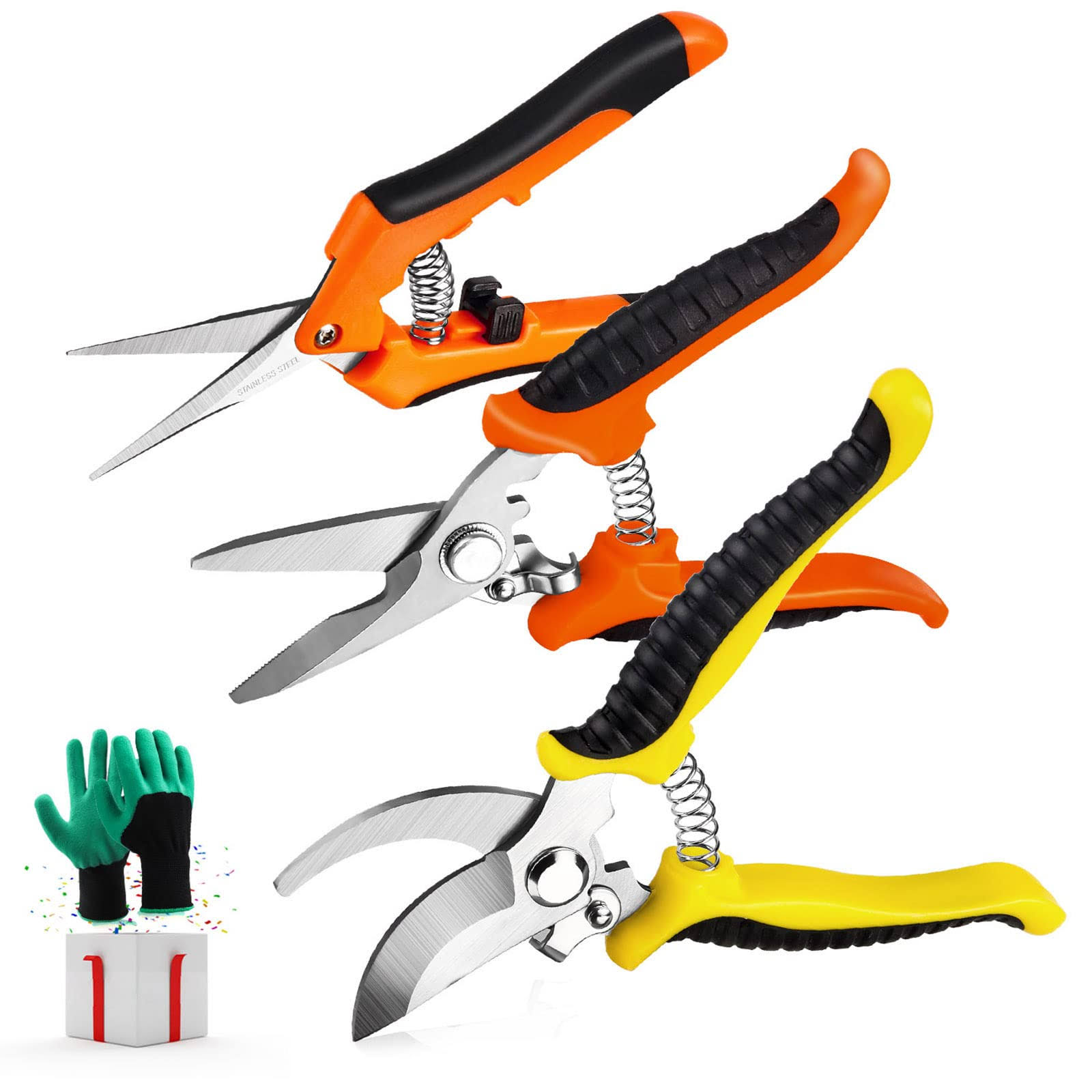 Wevove 3 Pack Garden Pruning Shears Stainless Steel Blades Handheld Pruners Set with Gardening Gloves