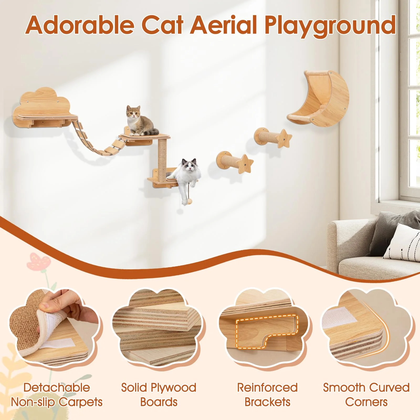 Tangkula Cat Wall Furniture Set Kitten Wall Mounted Shelves with Hammock