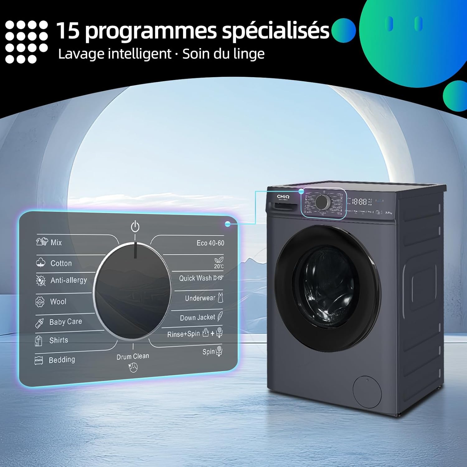 Lave linge hublot 7 kg classe A moteur 1200 rpm lavage vapeur rapide 15 programmes gris
