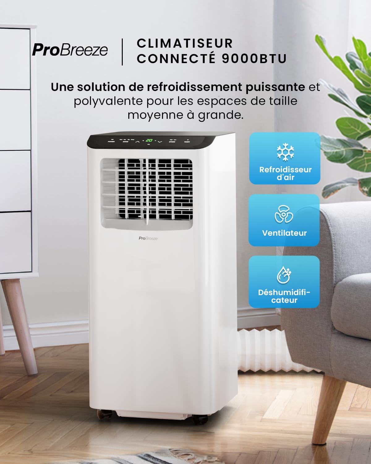 Climatiseur mobile 9000 BTU 4 en 1 WiFi minuterie 24 h télécommande kit fenêtre 22 m² classe A