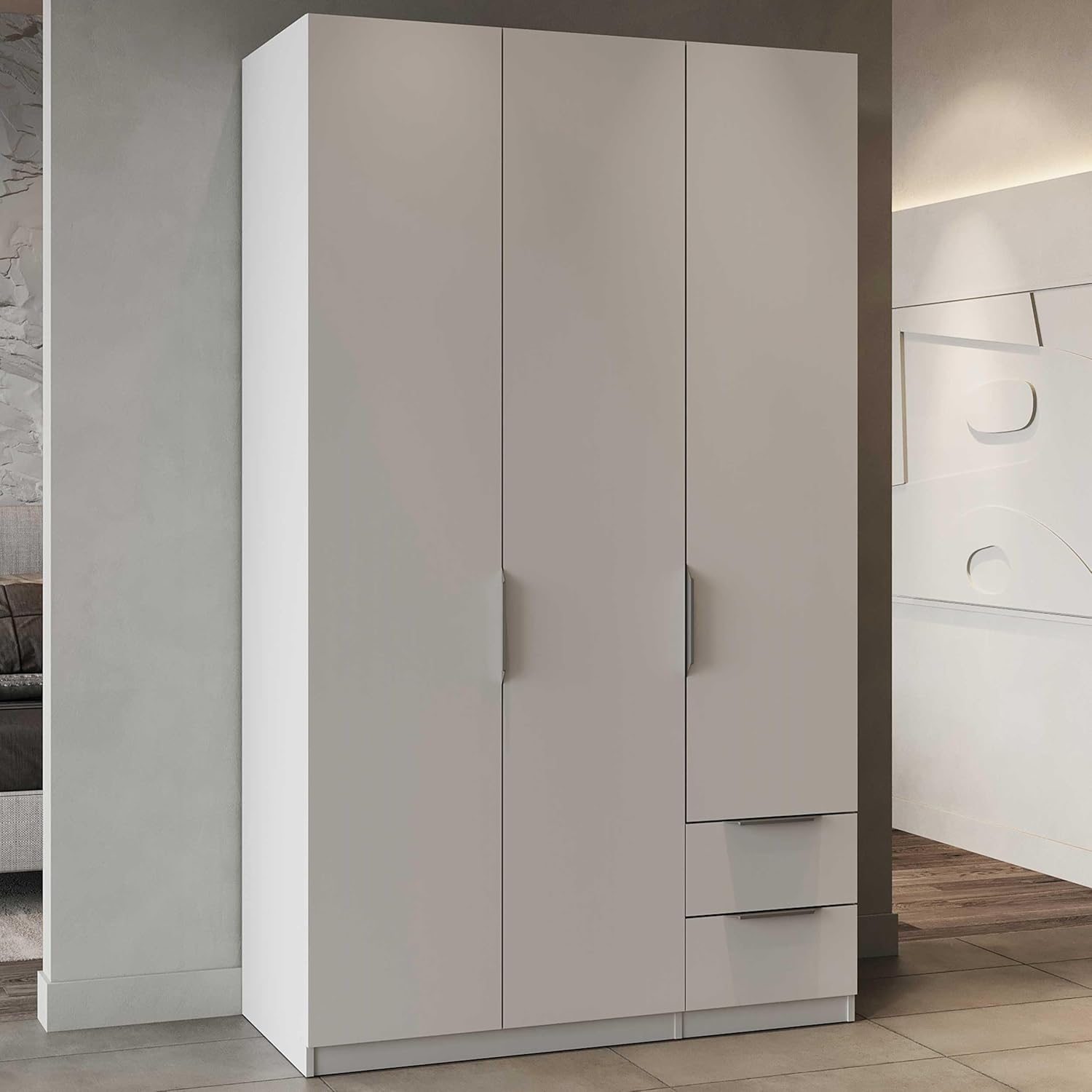 Armoire dressing 3 portes 2 tiroirs 4 niches blanc mat