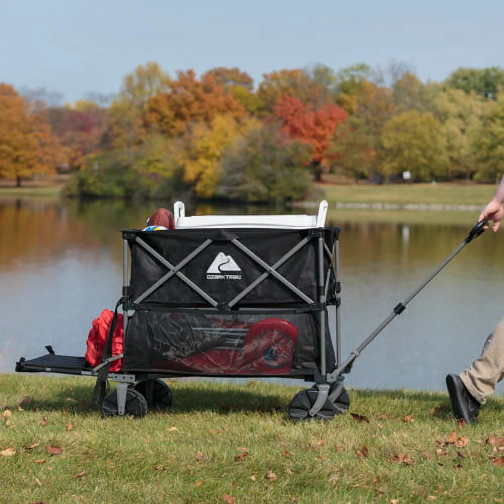 Ozark Trail Double Decker Folding Wagon with Extension Handle, Black