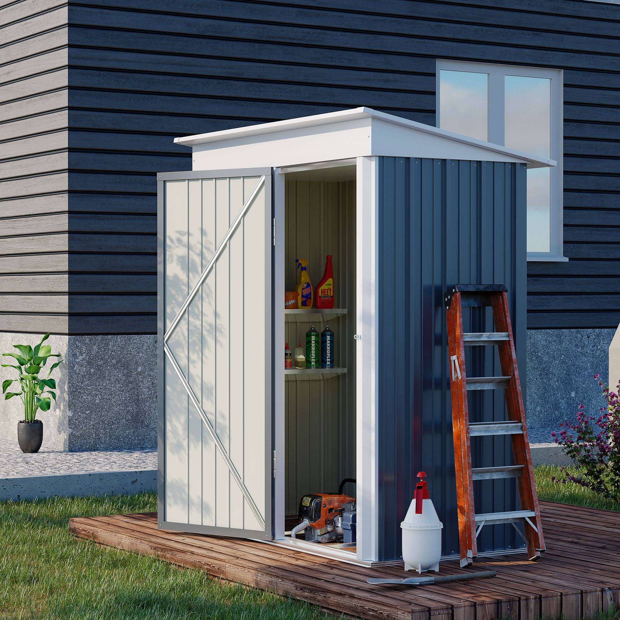 Outsunny 5' x 3' Steel Outdoor Storage Shed, Small Lean-To Shed for Garden, Tools, Tiny Metal Garage with Floor - Dark Grey