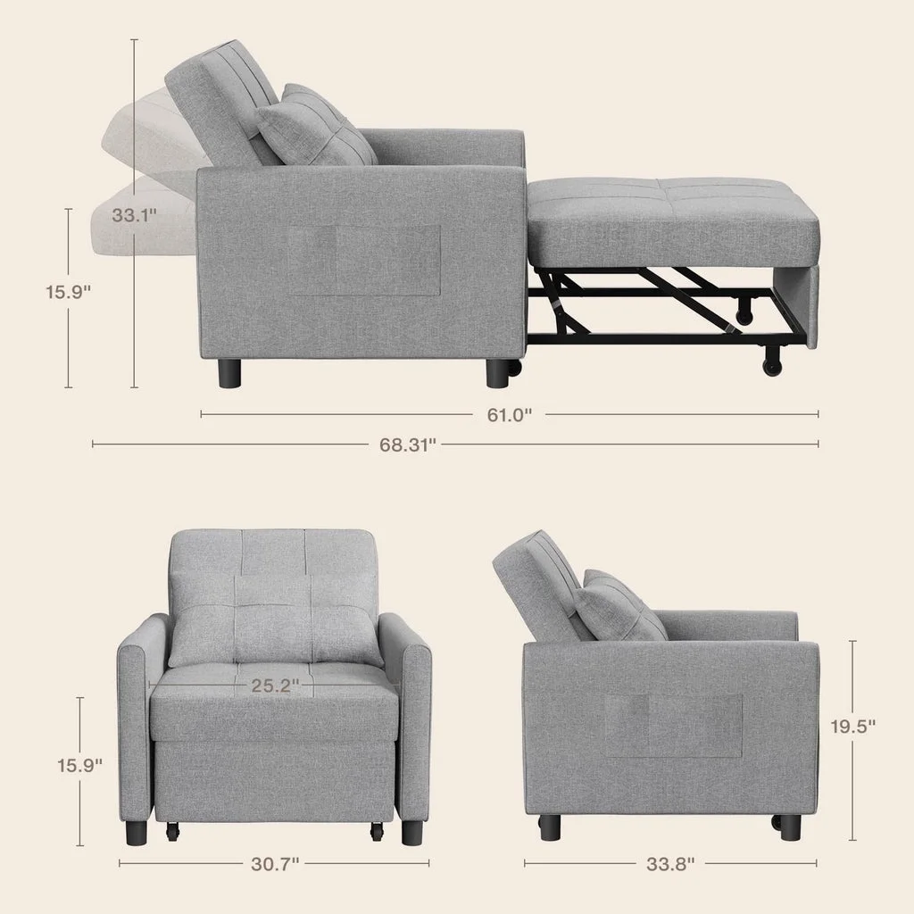 Convertible Sleeper Chair, Aiho 3 - in - 1 Convertible Sofa Bed Recliner Chair with Pull Out Couch - Dark Gray