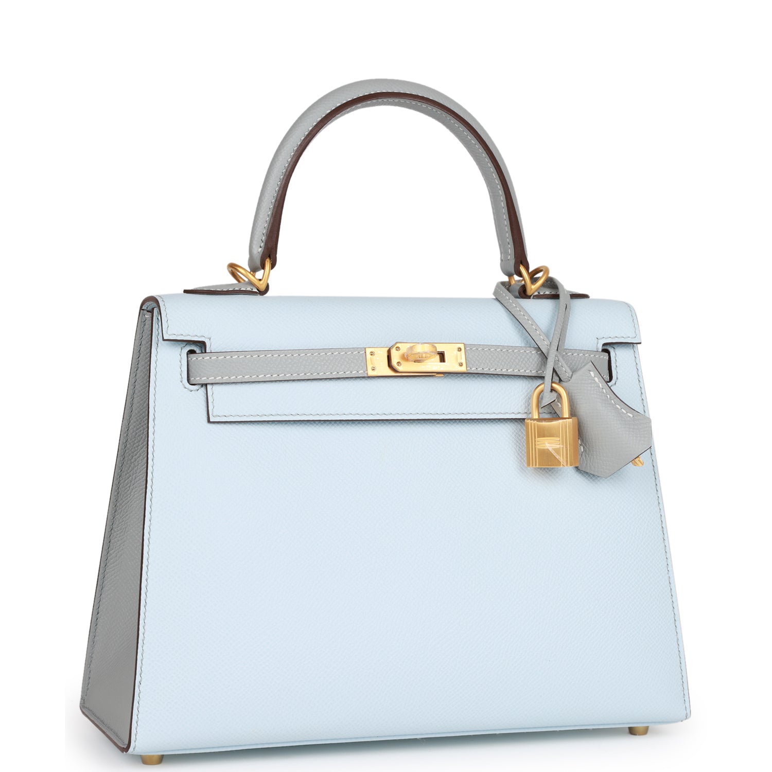 Hermes Special Order (HSS) Kelly Sellier 25 Bleu Brume and Bleu Glacier Epsom Brushed Gold Hardware