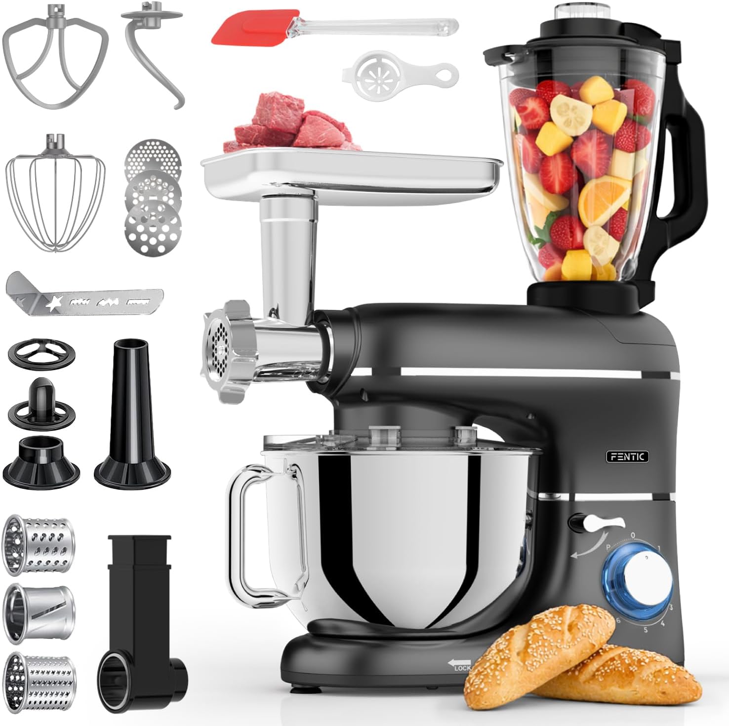 Robot pâtissier 2000 W bol 6,2 L hachoir mixeur accessoires inclus