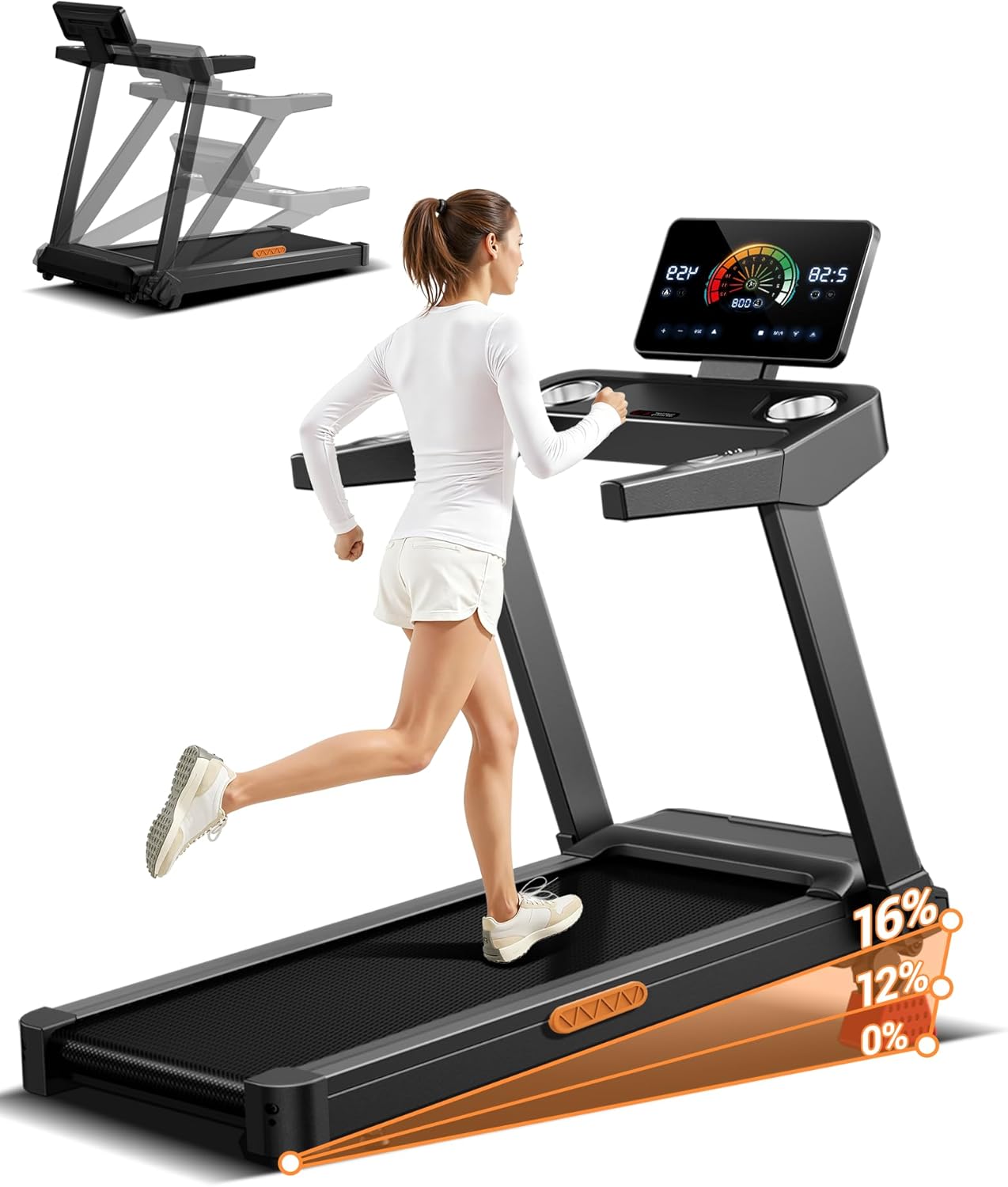 Tapis de course pliable inclinable 16% 14 km/h surveillance fréquence cardiaque moteur 35 CV LED charge 180 kg