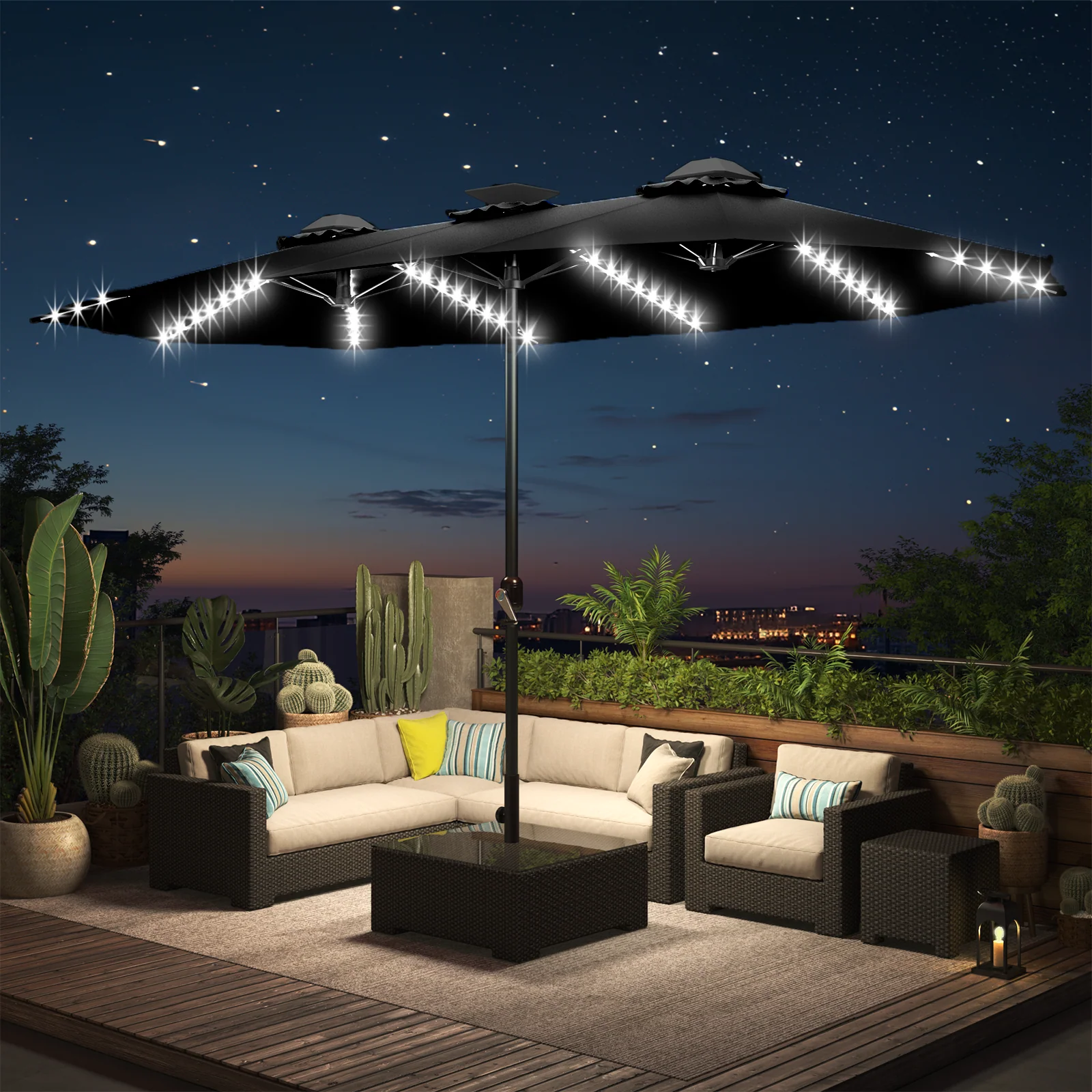 AECOJOY 15ft Patio Double-Sided Umbrella, 156 PCS Solar LED Light Outdoor Large Umbrella, Black