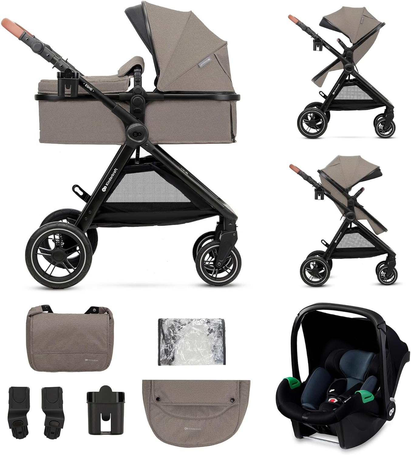 Poussette 3 en 1 ESME avec porte bébé I Size système voyage pliable nouveau né jusqu’à 4 ans beige