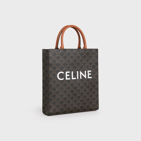 CELINE SMALL CABAS VERTICAL IN TRIOMPHE CANVAS AND CALFSKIN TAN
