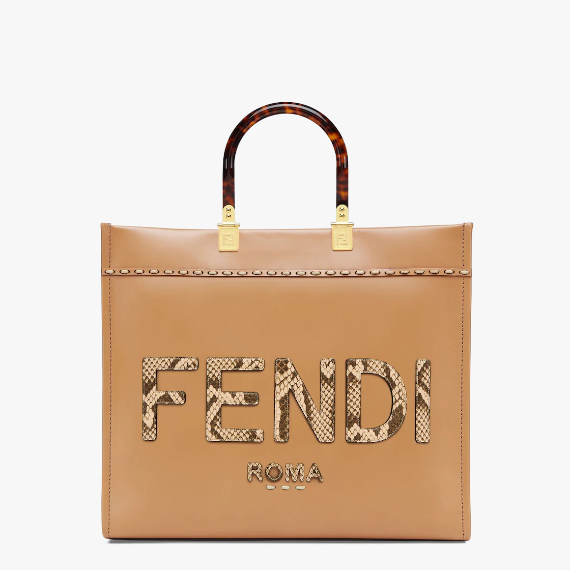 Fendi Medium Sunshine Shopping Tote Bag  Light brown leather and brocade snakeskin handbag