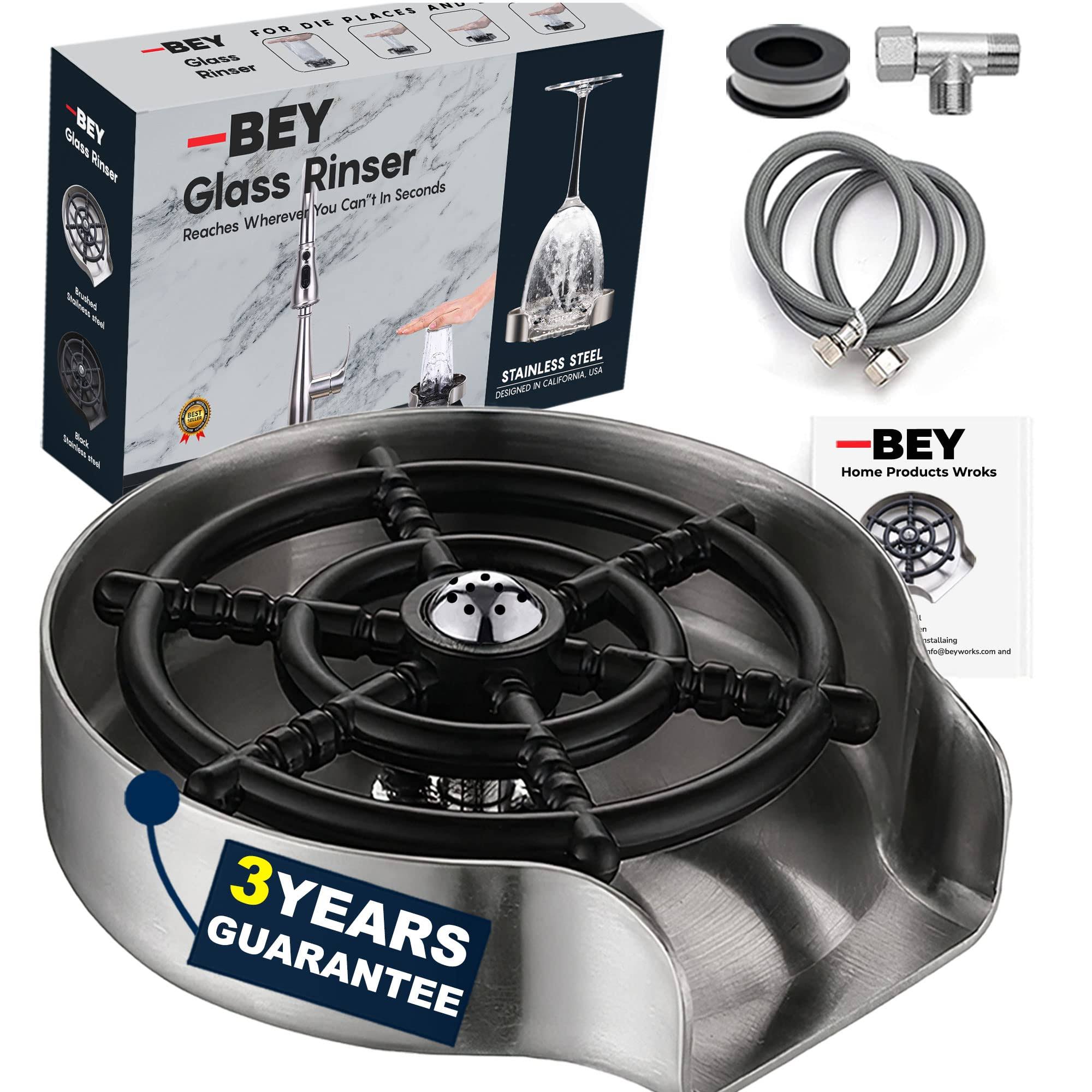 Bey Automatic Glass Rinser - Powerful Cup Washer for Kitchen Sink, Stainless Steel Baby Bottle Cleaner Sinks Attachment, Bar Accessories Spray Metal