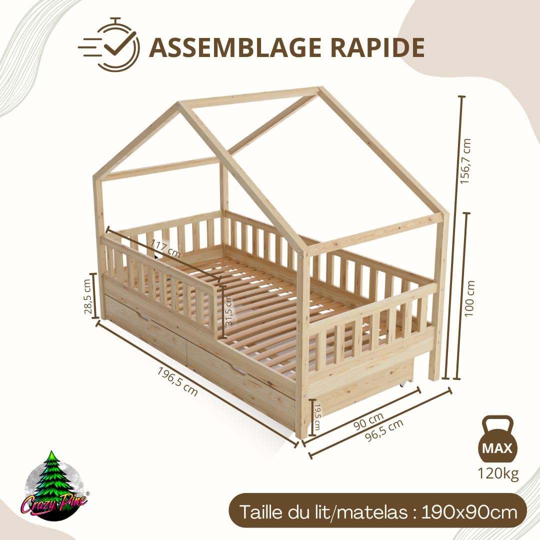Lit cabane 190 x 90 cm bois naturel tiroirs barrière amovible style Montessori