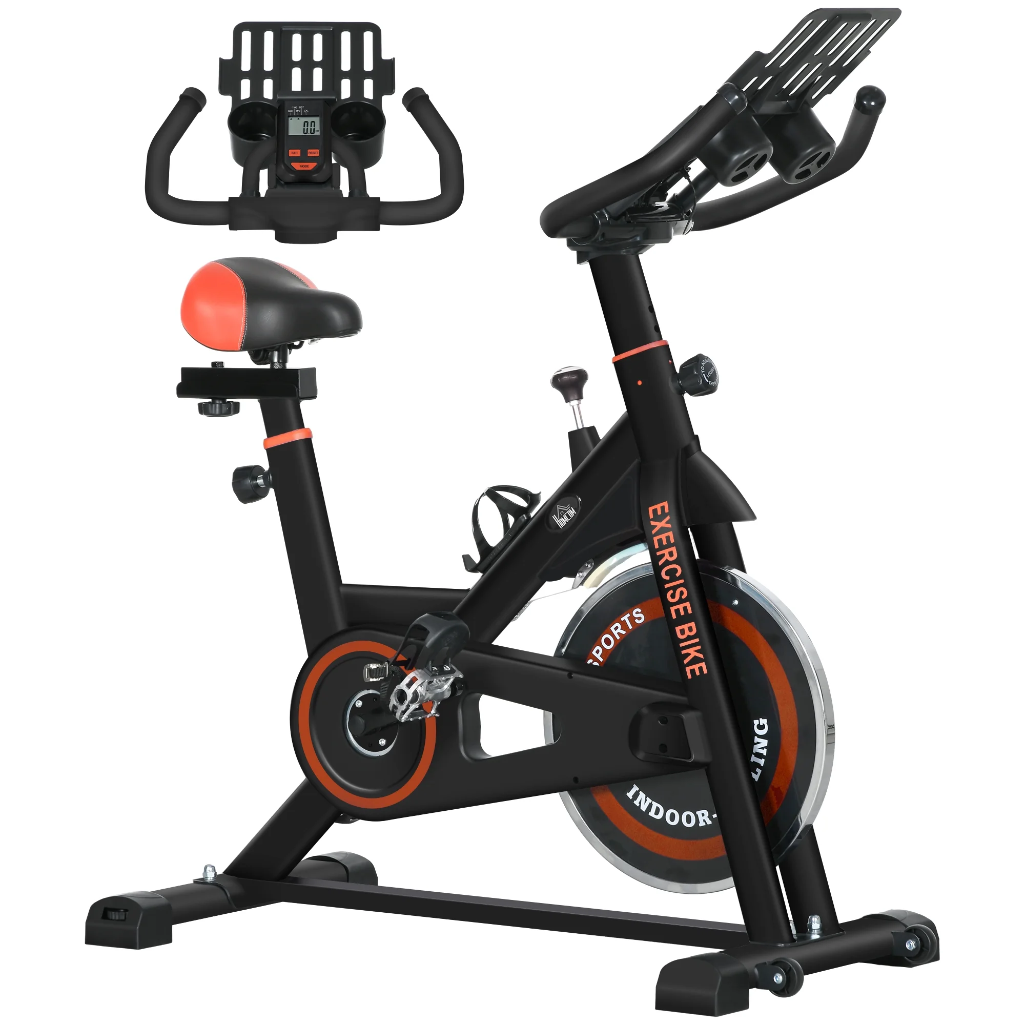 Soozier Exercise Bike, Flywheel Indoor Stationary Bike, Adjustable Height and Resistance, with LCD Monitor, 264 lb. Weight Capacity, Black and Red