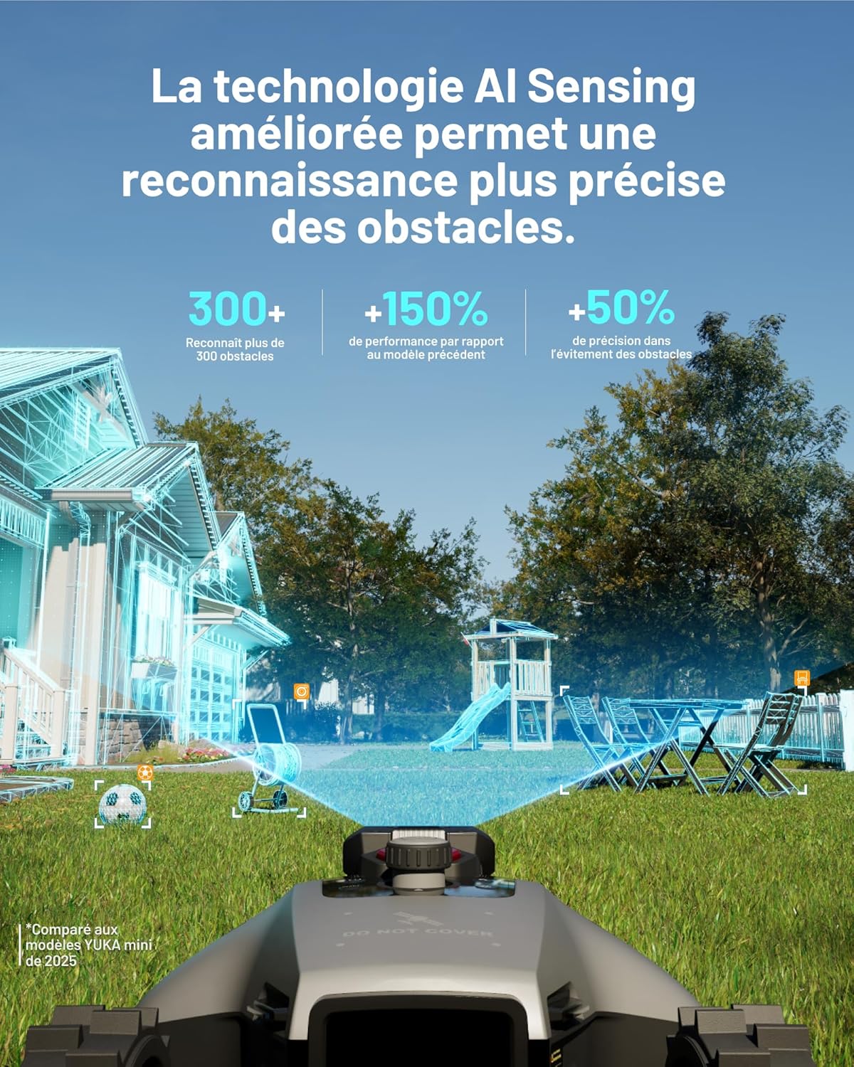 Robot tondeuse YUKA Mini 2 500 m² zéro perte signal IA triple caméra cartographie multi zones
