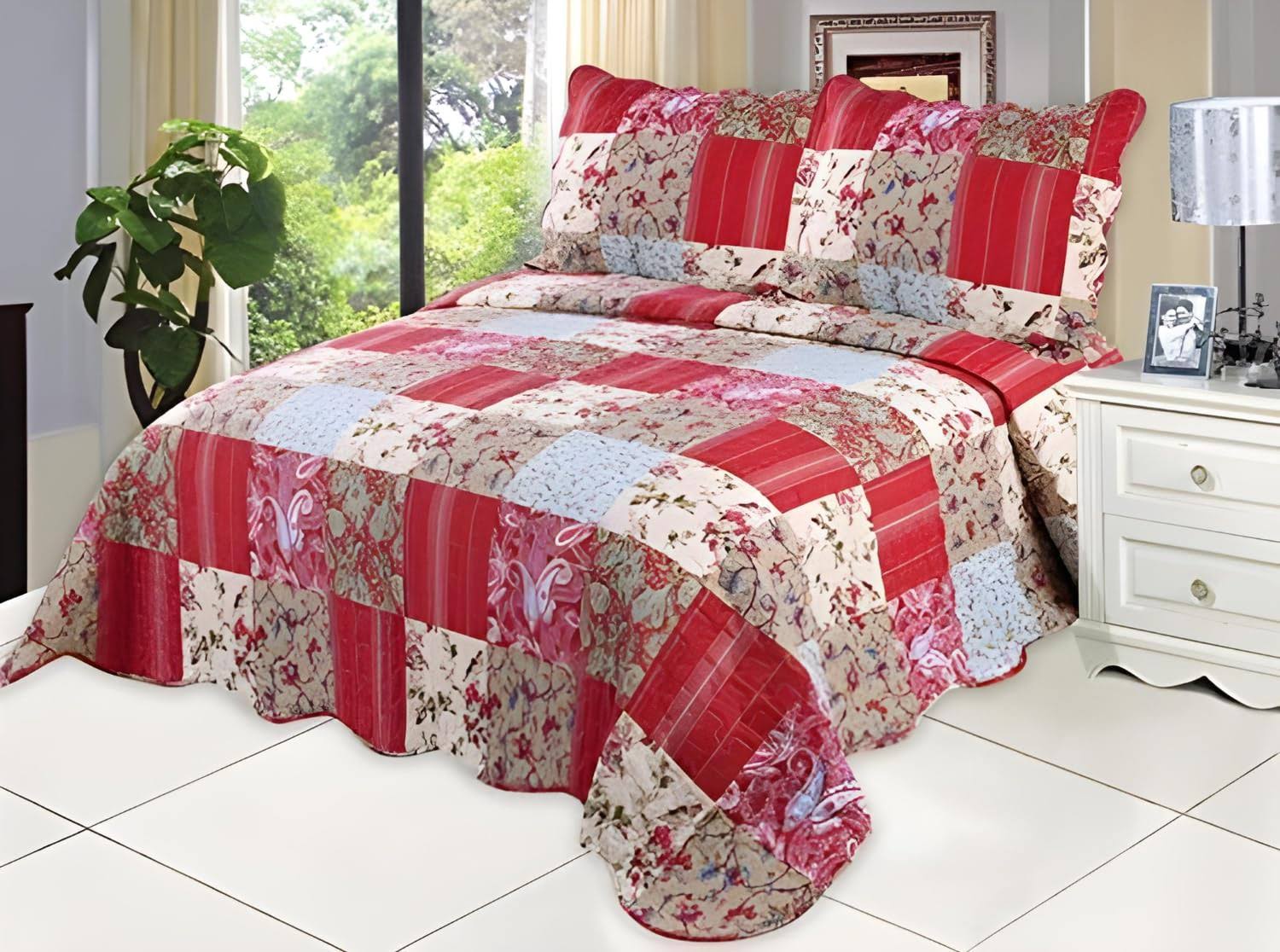 English Roses Quilt Set, Cotton Rich,Prewashed, Preshrunk.As Bedspread, Bedcover,Coverlet, Bed Throw