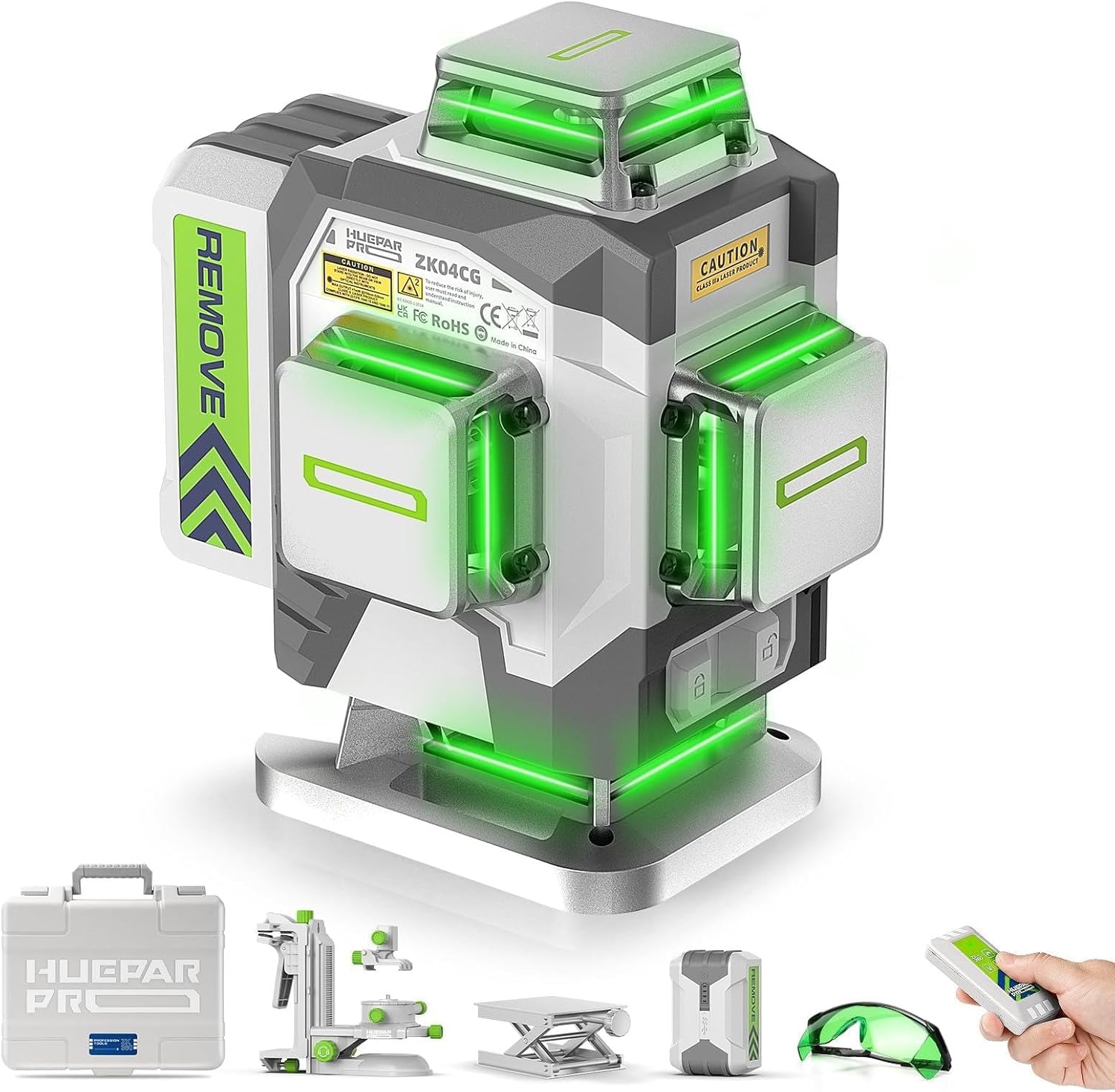 Niveau laser auto nivellement 4D vert 4 x 360 batterie 8000 mAh support multifonction étui rigide ZK04CG