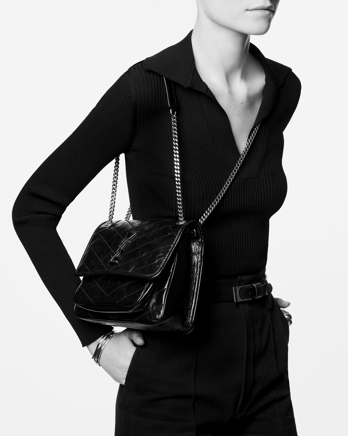 YSL Niki Medium Chain Bag in Crinkled Vintage Leather