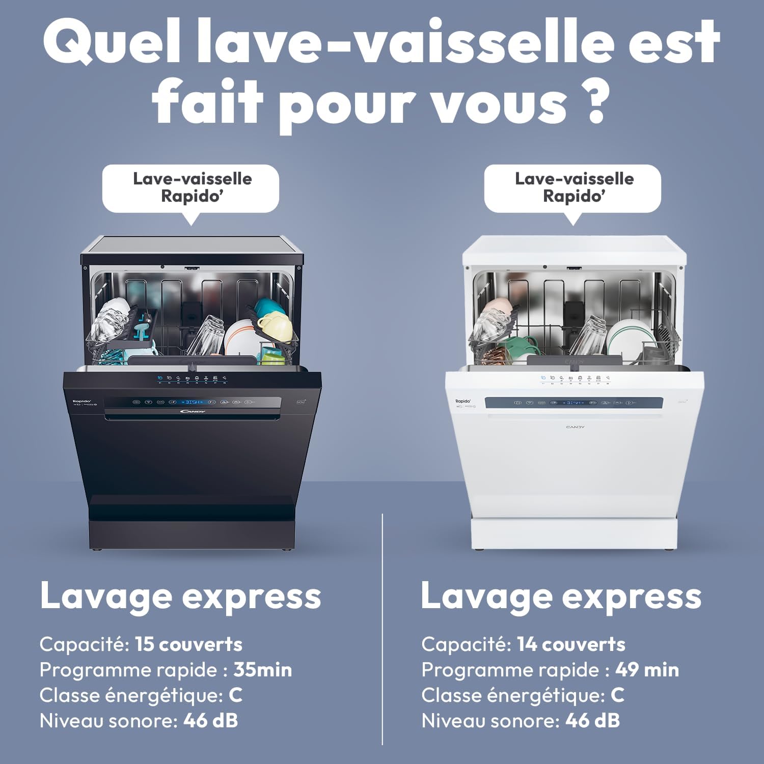 Lave vaisselle pose libre 15 couverts classe C maxi cuve wash dry 35 min ouverture auto contrôle distance noir