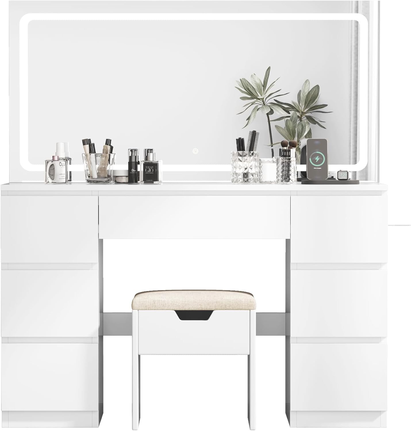 Coiffeuse miroir LED 115 x 60 cm tabouret inclus 7 tiroirs station recharge éclairage réglable blanc