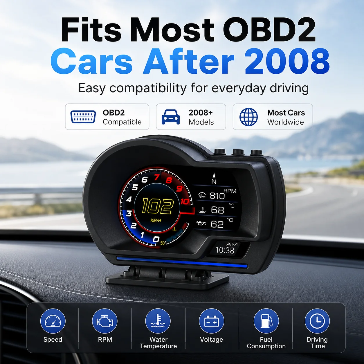 Car OBD2 + GPS Digital Display | Real-Time Vehicle Monitor & Smart Dashboard Gauge