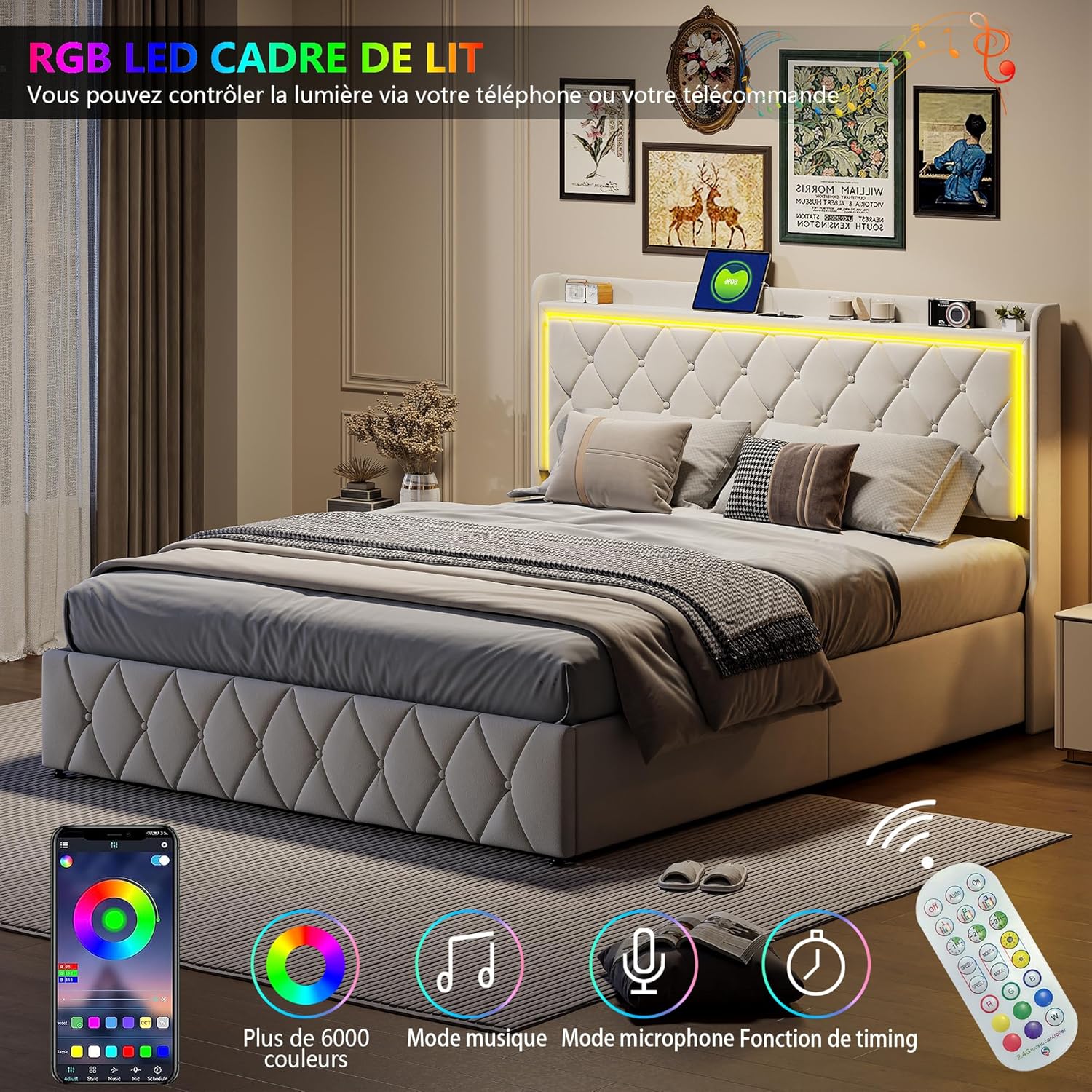 Lit coffre 160x200 cm LED USB tête de lit rangement velours