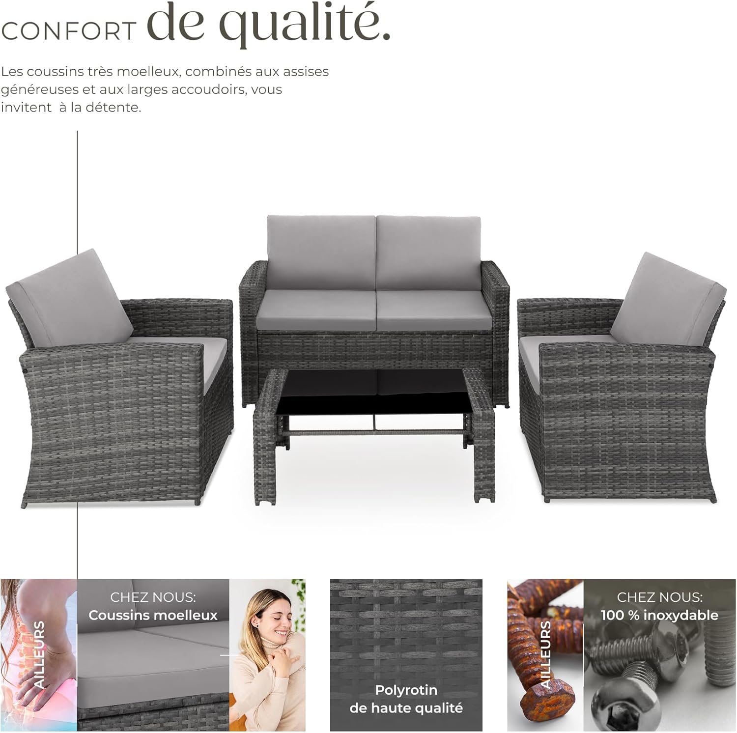 Salon jardin résine tressée 4 personnes canapé 2 fauteuils table verre coussins gris gris clair