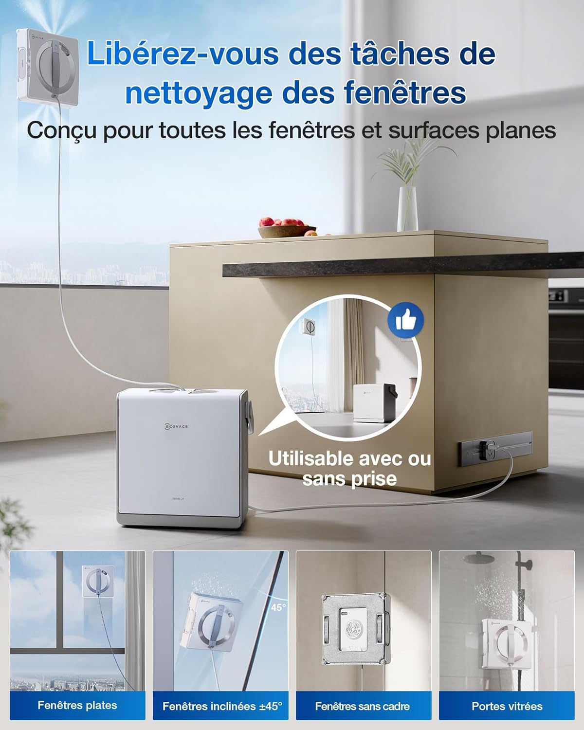 Robot nettoyeur vitres WINBOT W2 Pro Omni station multifonction recharge fonctionnement buse triple protection 12 niveaux