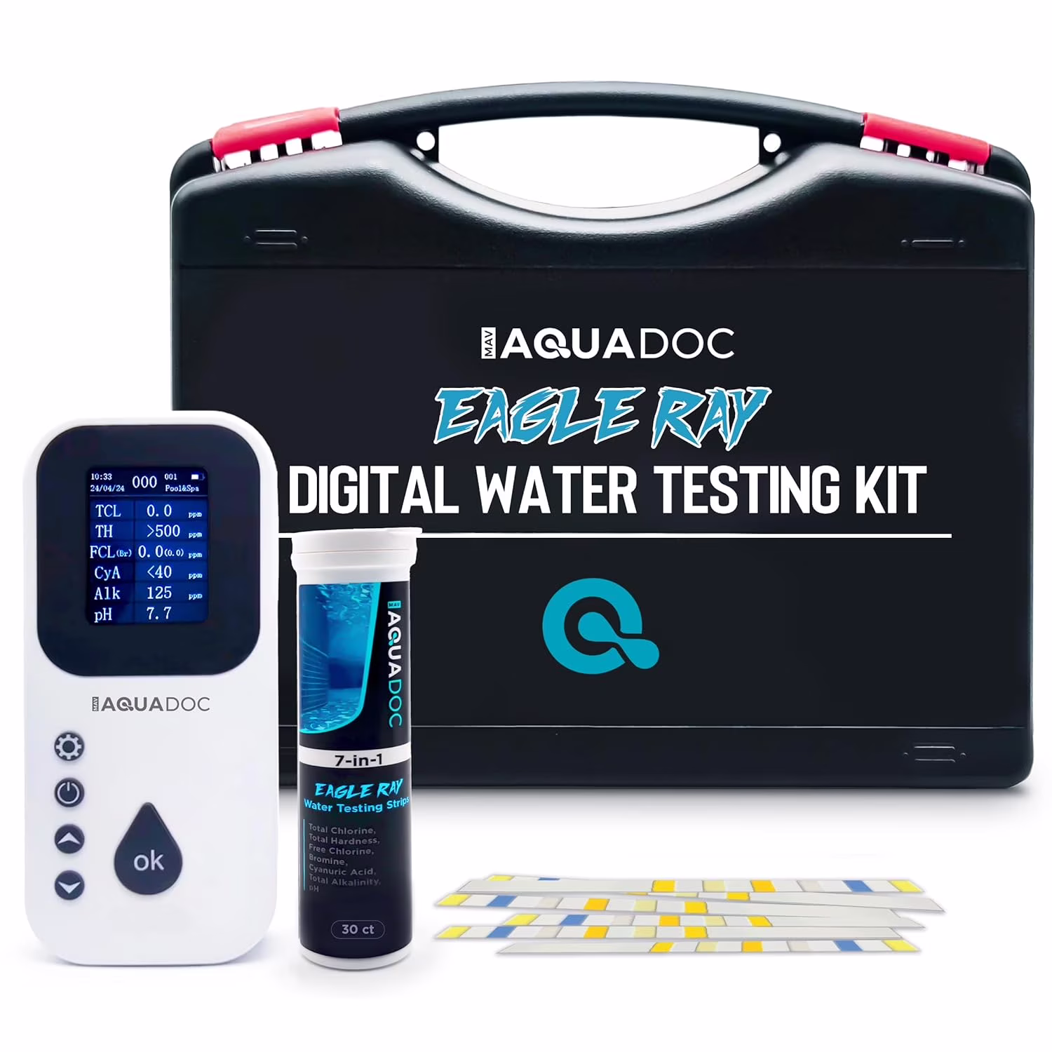 Digital Water Testing Kit - Digital Hot Tub Water Tester for Pool - Digital Chlorine Tester for Pool by Aquadoc with Water Analyzer and Test Strips