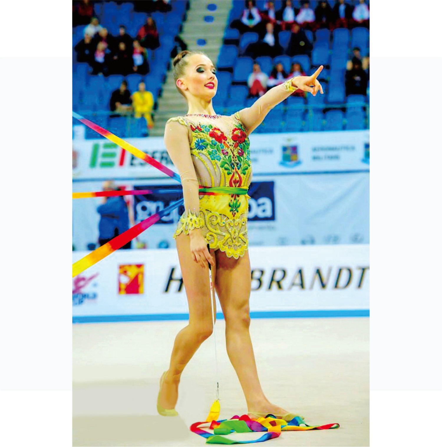 Durable Crystalunite hotfix rhinestones on gymnastics uniform close-up